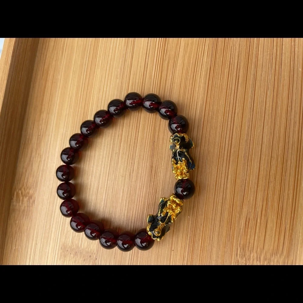 Red Garnet Rainbow Painted Gel Double Pixiu Wealth Bracelet - Picture 4 of 5